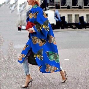 Elegant Geometric Color Printed Oversize Long Jacket Trench Coat, Flare, Large
